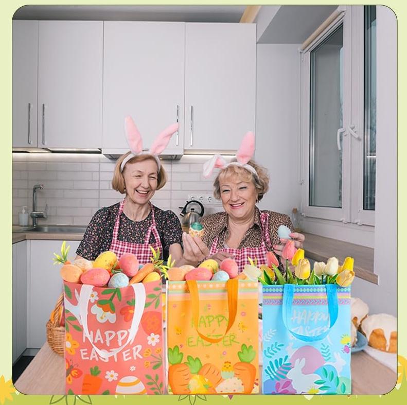 24/36/48 Pcs Easter Gift Bags Non Woven Bags Easter Basket Filler Bags Tote Bagswith Handle Egg Hunt Goodie Bags for Student Adult,Bunny Treat Bags for School Classroom Party Supplied,Gift Wrapping for Birthday Holiday Easter