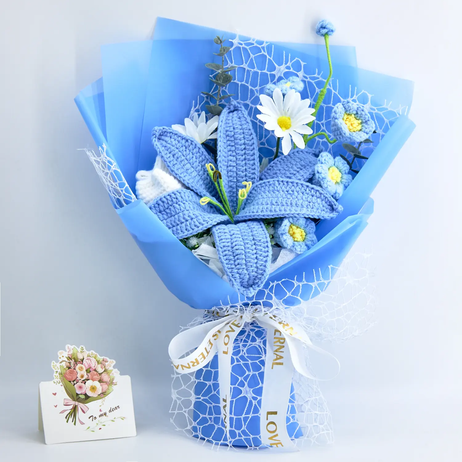 Handmade Crochet Flowers Bouquet Back to School Gift for Teacher Students, Lily Tulip Forever Flowers, Blue Bouquet Gift for Girlfriend Her with Greeting Card, Birthday Wedding Anniversary Just Because Graduation Gift US Fast Shipping Home Decor