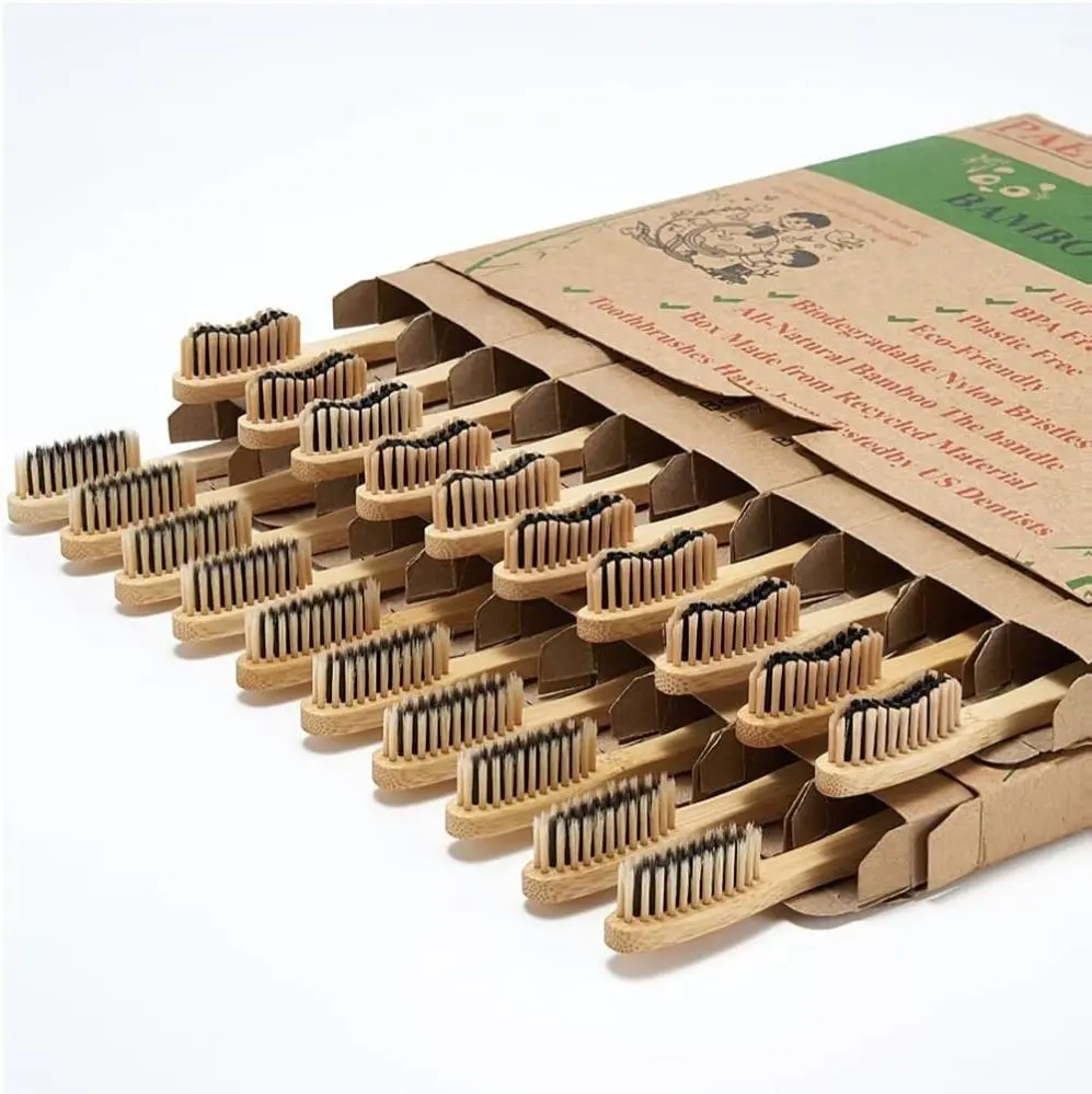 20 Count Bamboo Toothbrushes (Soft+Medium), Natural Wood Toothbrushes Bulk, Eco-Friendly, BPA Free, Biodegradable & Compostable Charcoal Wooden - Reusable Travel Toothbrush