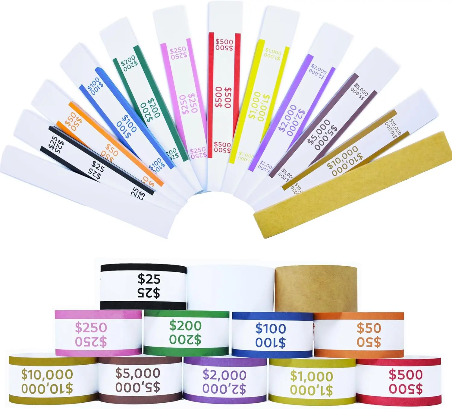 Self-Adhesive Self-Sealing Money Bands (600pcs) - 12 ABA Standard Color-Coded Cash Straps, 7.48x1.14in Standard Size for Effortless Organization, Denomination Wrappers for Banks, Office Stationery Supplies