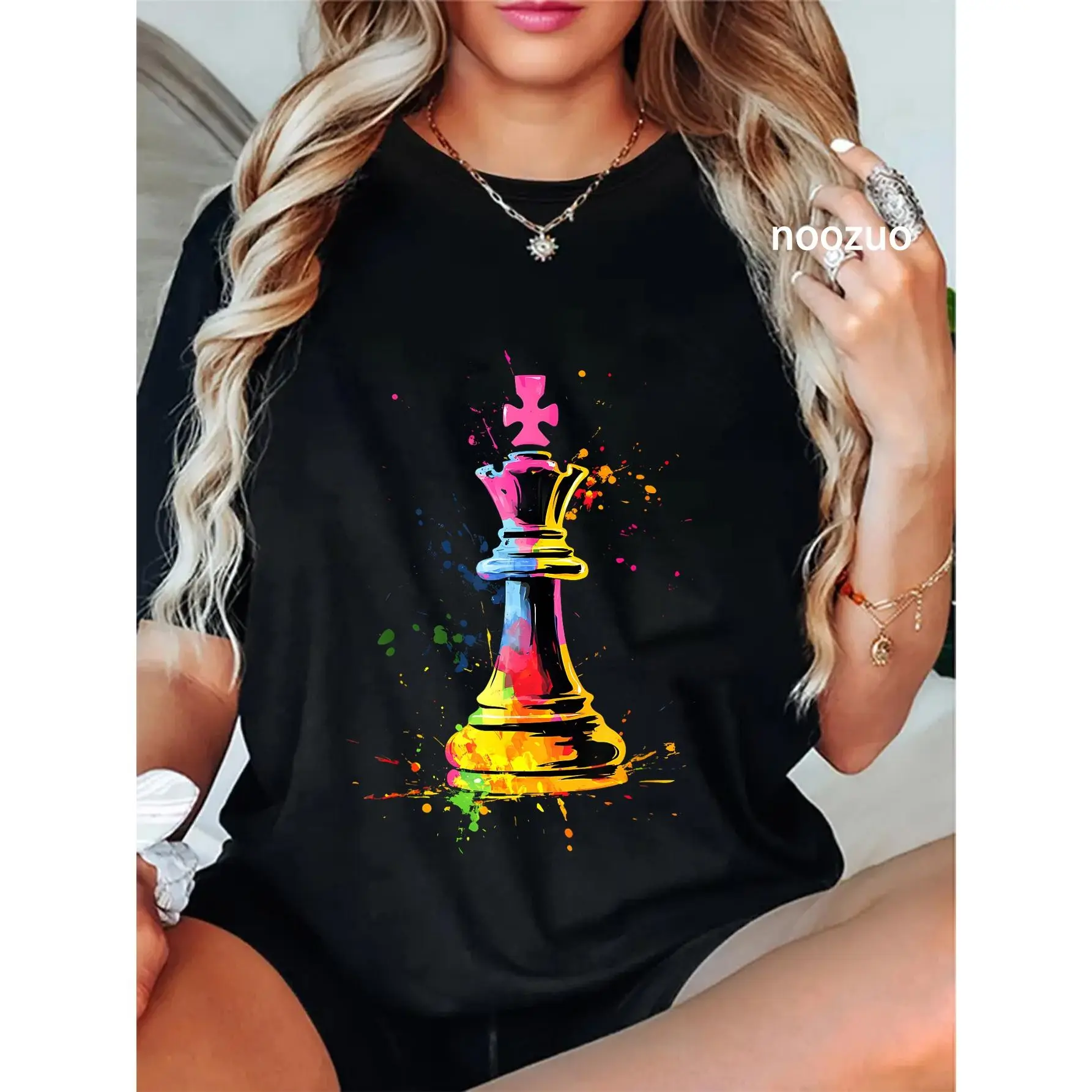 Women's 100% Cotton Short Sleeve Crew Neck Loose-Fitting Chess Print T-Shirt, Vintage Streetwear Top, Funny Graphic Gift for Chess Players, Wide Range of Sizes
