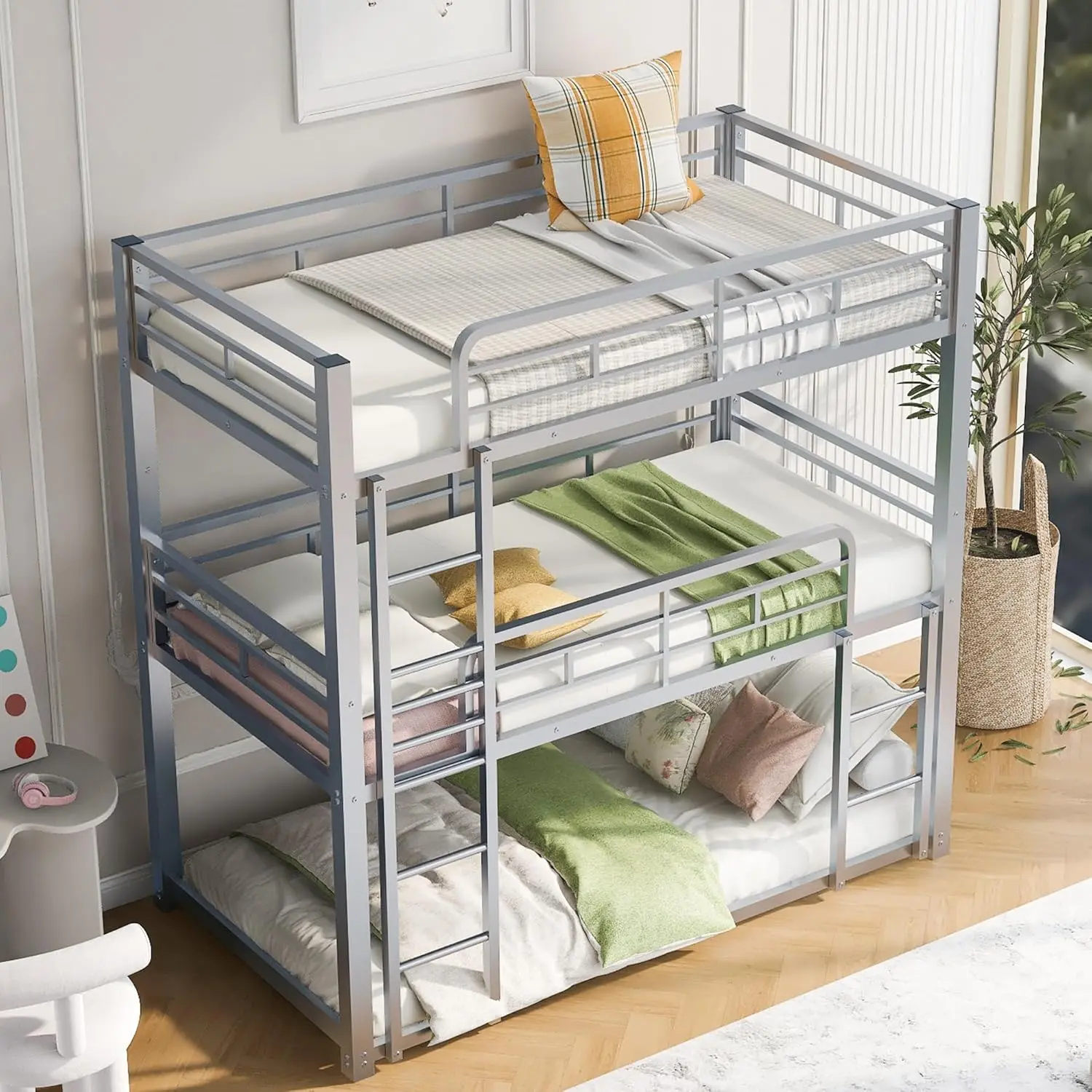 Metal Triple Bunk Bed, Twin Size 3-Tier Stackable Bed with Guard Rails & Ladder, Sturdy Steel Frame Space Saving Design , No Box Spring Needed, Easy Assembly (Silver)