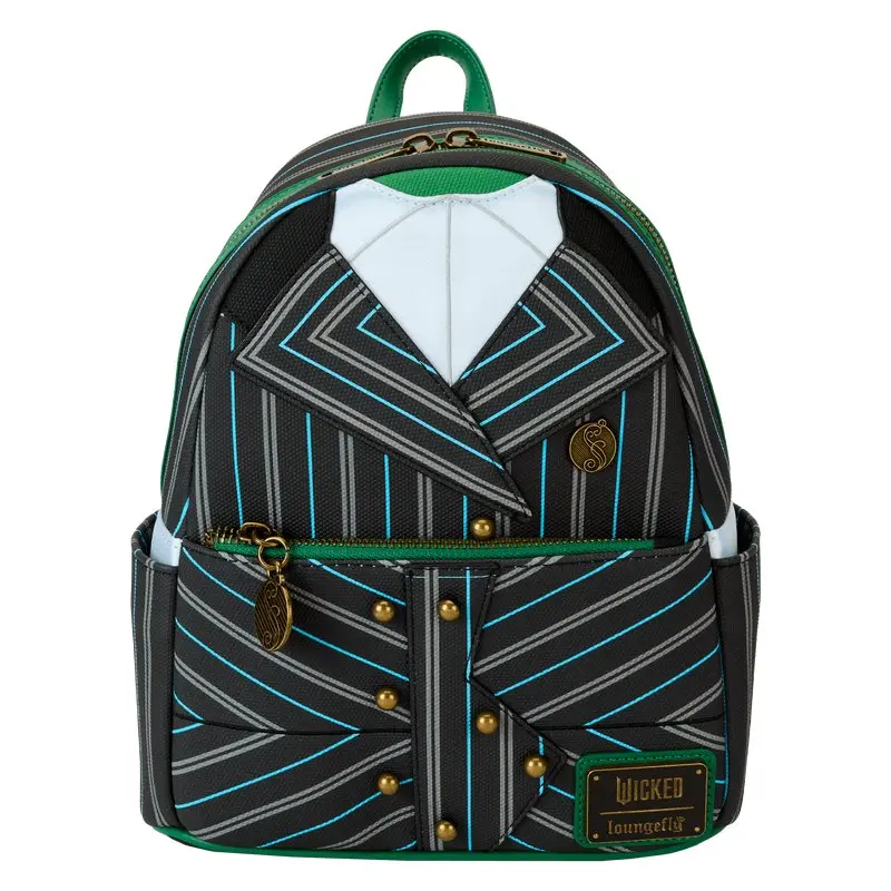 Loungefly Wicked Elphaba Shiz University Faux Leather Mini Backpack - Stylish Daypack with Adjustable Shoulder Strap, Zipper, Gold Foil, Molded Metal Charm, Real Buttons, Elphaba Design for Cosplay Collectors
