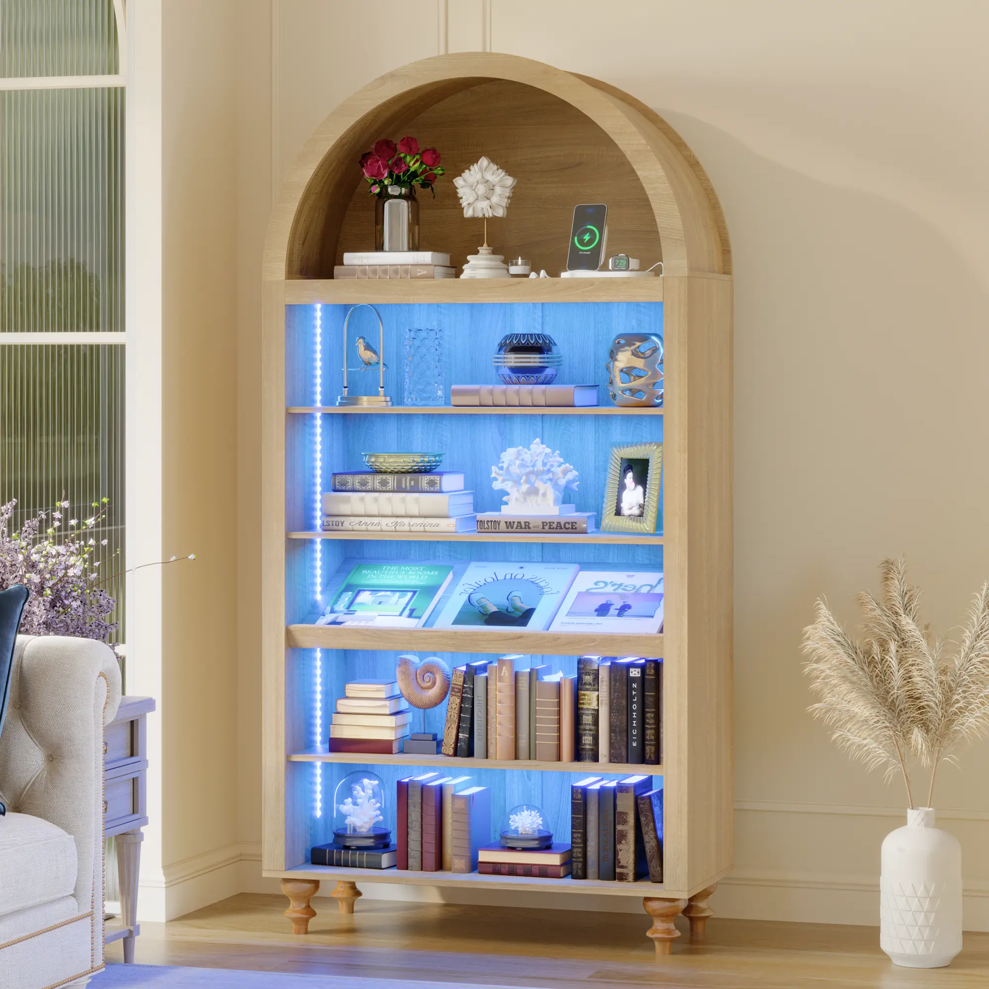 Casvik Arched Freestanding Wood Cupboard - 71" Tall Contemporary 6-Tier Engineered Wood Bookshelf with Luminous Motion Sensor LED Lights, Sturdy Farmhouse Adjustable Shelves, Apartment Decor Studio Furniture for Living Room, Home Office, Black/Oak