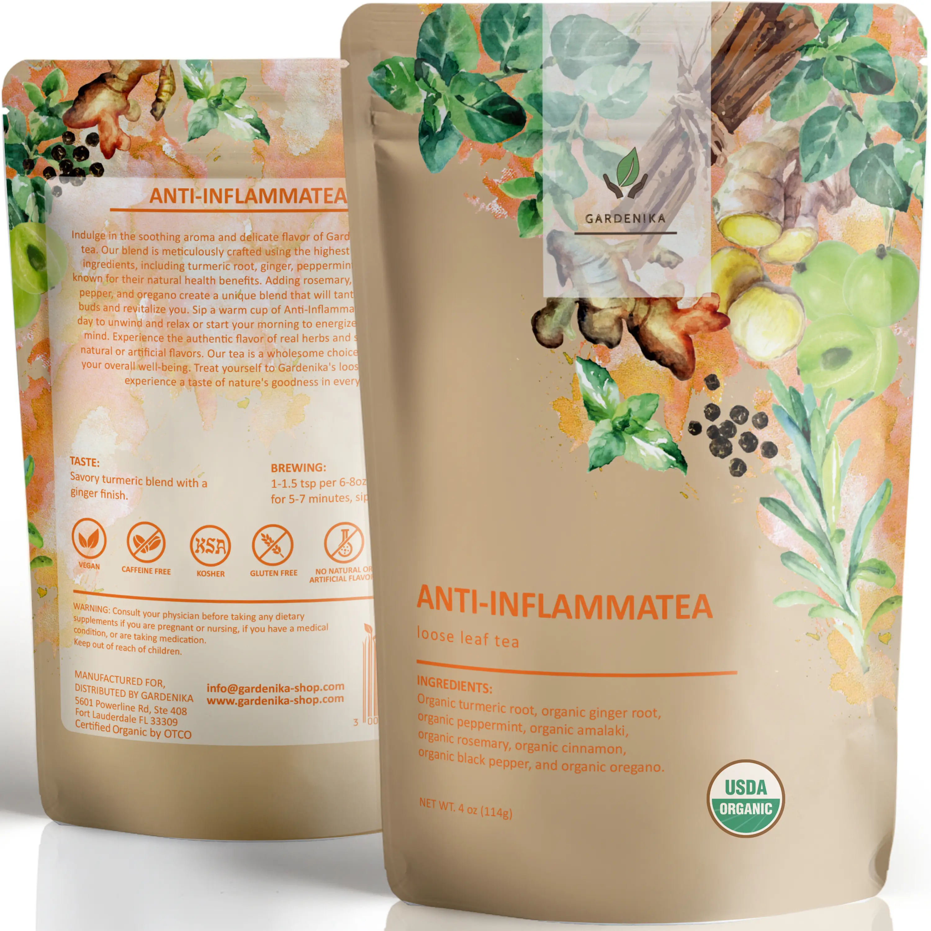 Gardenika Anti-Inflammatea Loose Leaf Herbal Tea with Ginger Turmeric Peppermint Vegan Organic Caffeine-Free Ayurvedic Blend 4oz
