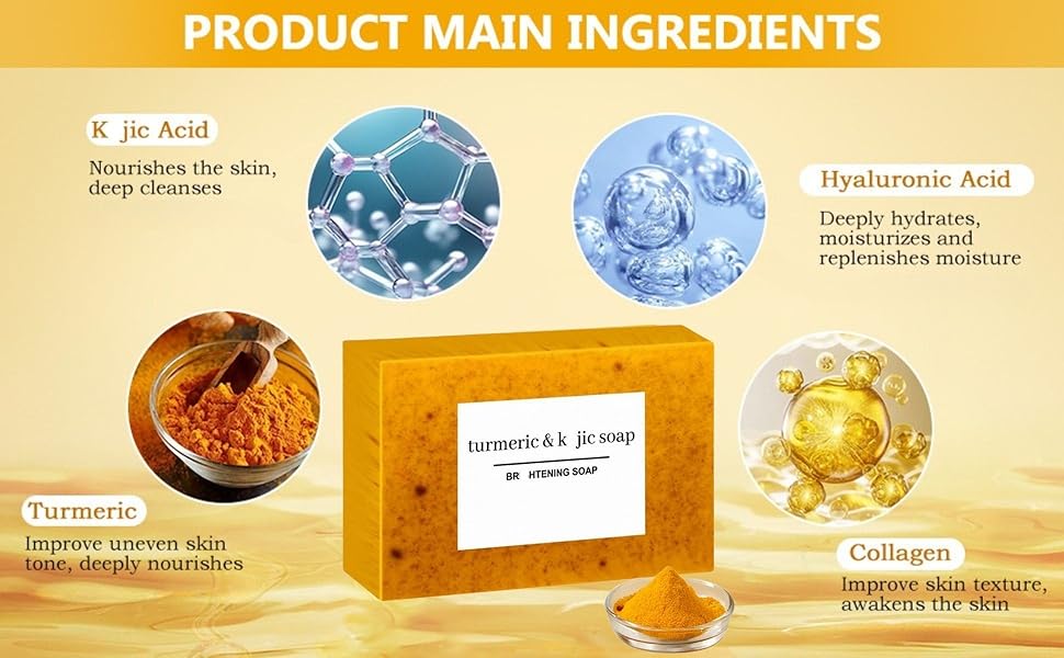 3pcs Kojic Acid Turmeric Soap Bars – Dark Spot Remover & Skin Care, Handmade Face & Body Wash Bars with Niacinamide, Shea Butter, Tea Oil, Vitamin C