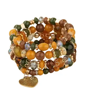 The Harvest Glow Stack Bohemian-Inspired Earth-Tone Bracelet Set with Amber Greens Browns Gold Accents Comfort Stretch 18 cm Everyday Wear