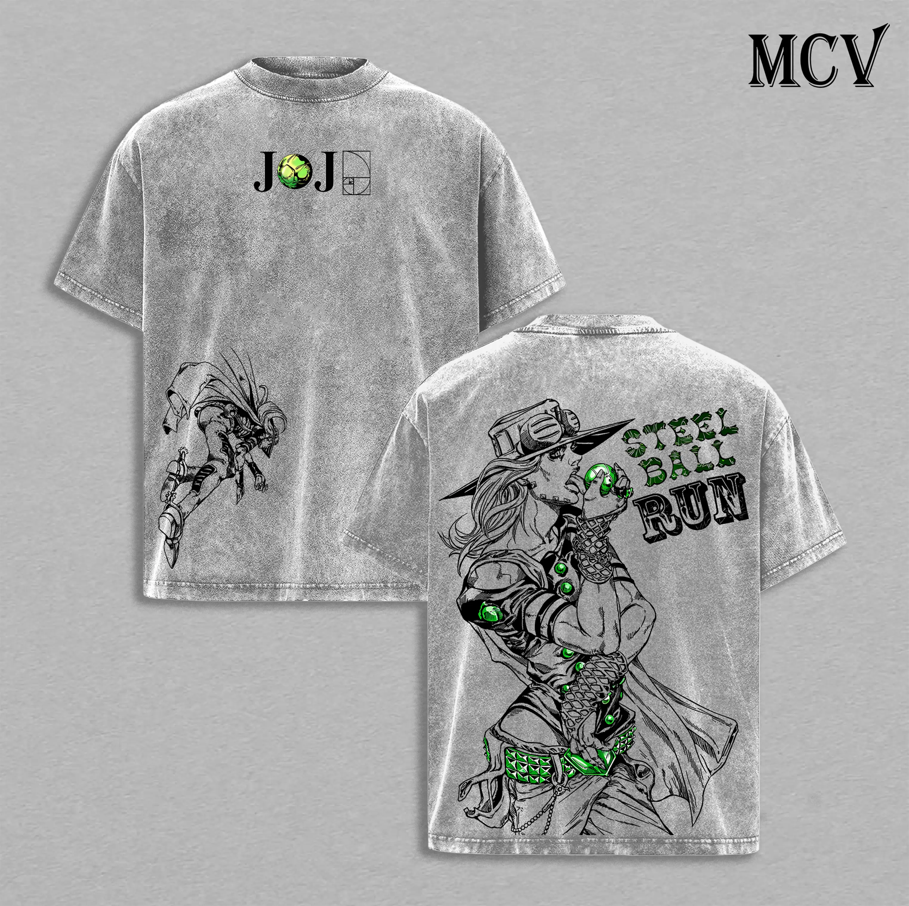Gyro Zeppeli Tee Washed - JoJo’s Bizarre Adventure Steel Ball Run Anime Spin Technique Golden Spin Pizza Mozzarella Manga Graphic Double Printed Washed Tee, Menswear Heavy Cotton Unisex Oversize Streetwear Vintage