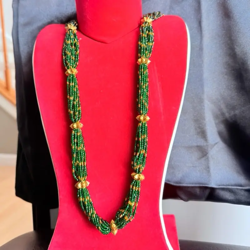 Women's Elegant Crystal Beaded Long Necklace - Green and Golden Mixed Hydro Crystal Daily Wear Necklace