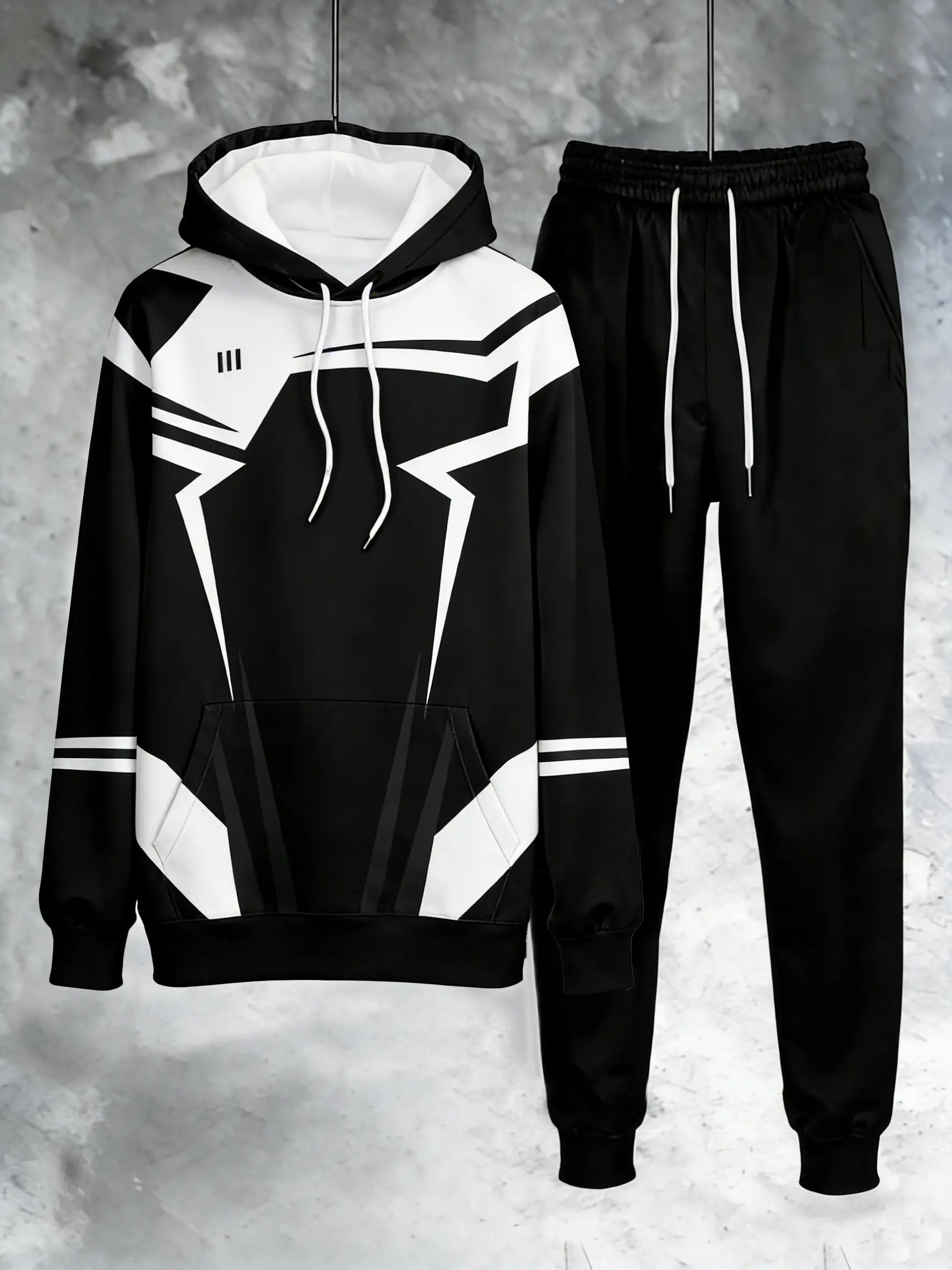 Men's casual sports suit, featuring black and white Spider Man style print design, with a trendy and personalized style. The fabric is comfortable and skin friendly, suitable for daily outings, trendy outfits, and other scenarios