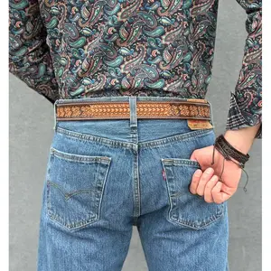 Western Belt For Men Cowboy Full Grain Leather Hand Tooled With Removable Buckle