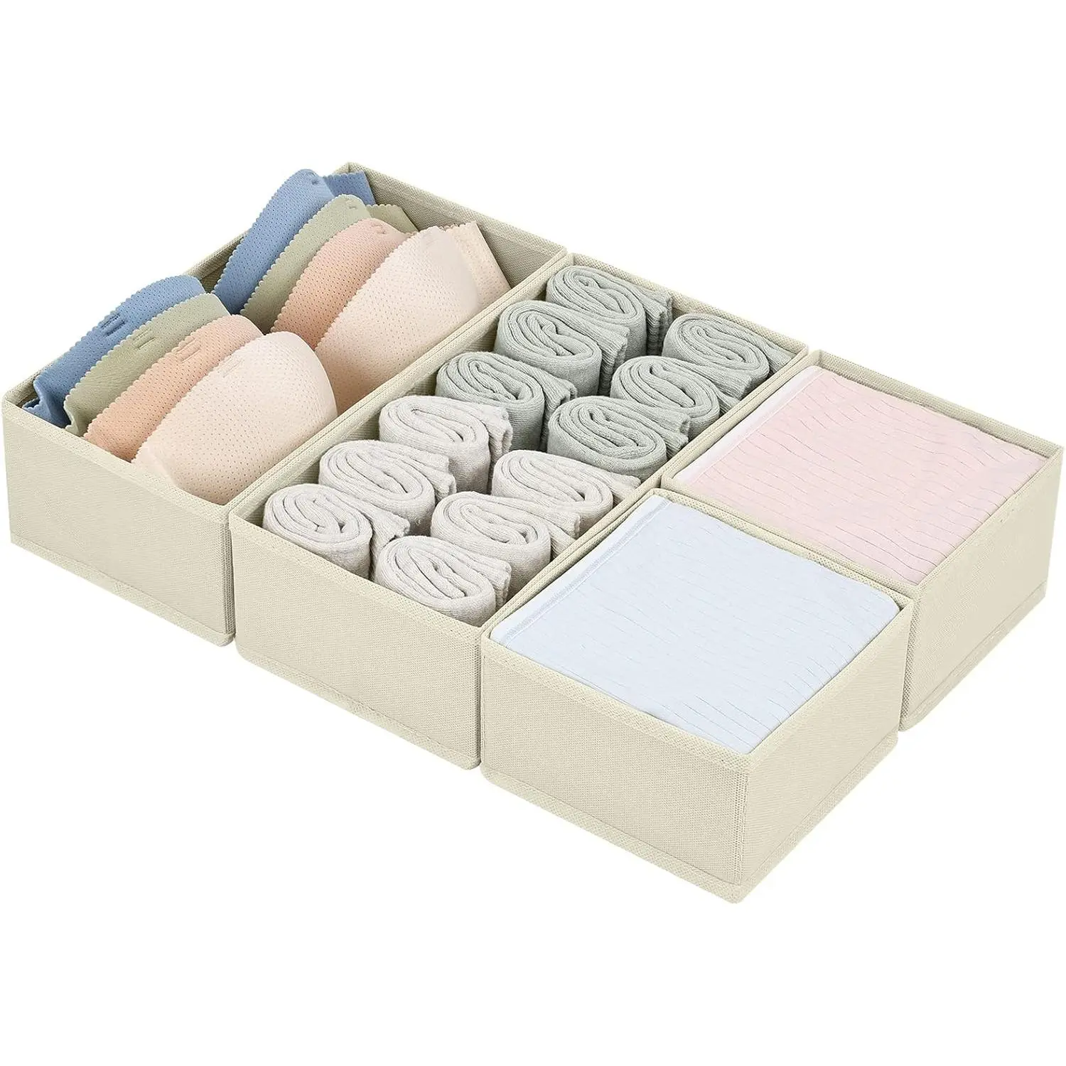 Drawer Organizers Clothes, Set of 4 Dresser Organizer Bins, Fabric Closet Organizers and Storage, Shallow Drawer Dividers for Nursery, Clothing, Baby Clothes, Socks, Underwears, Tie (Beige)