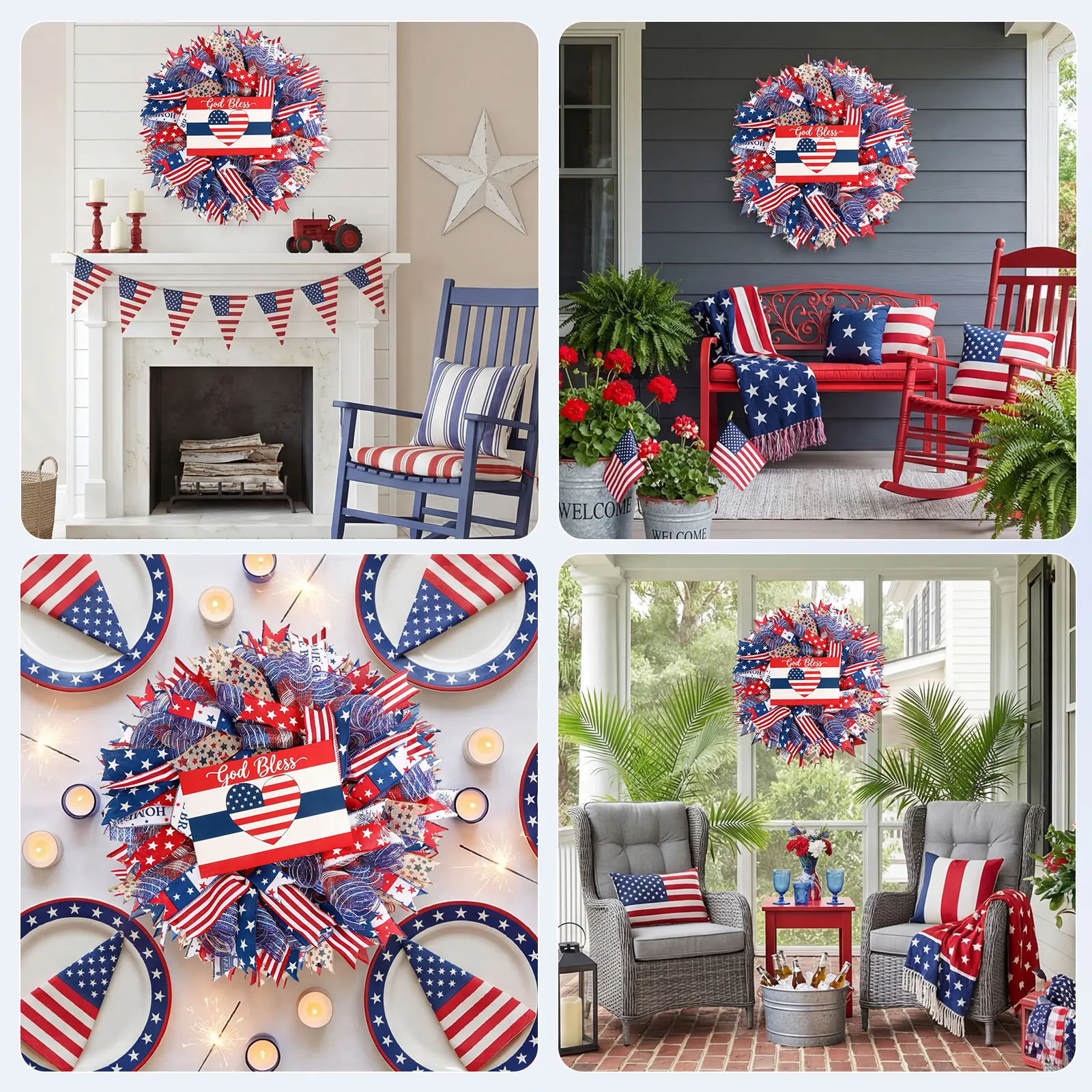 24inch Patterned Patriotic Decorative Wreath - 4th of July Independence Day Red White Blue Striped Stars Decor, Hangable Indoor/Outdoor Front Door Porch Wall Mount, Outdoor-Safe Festive Home Ornament, Patriotic Hanging Wreath