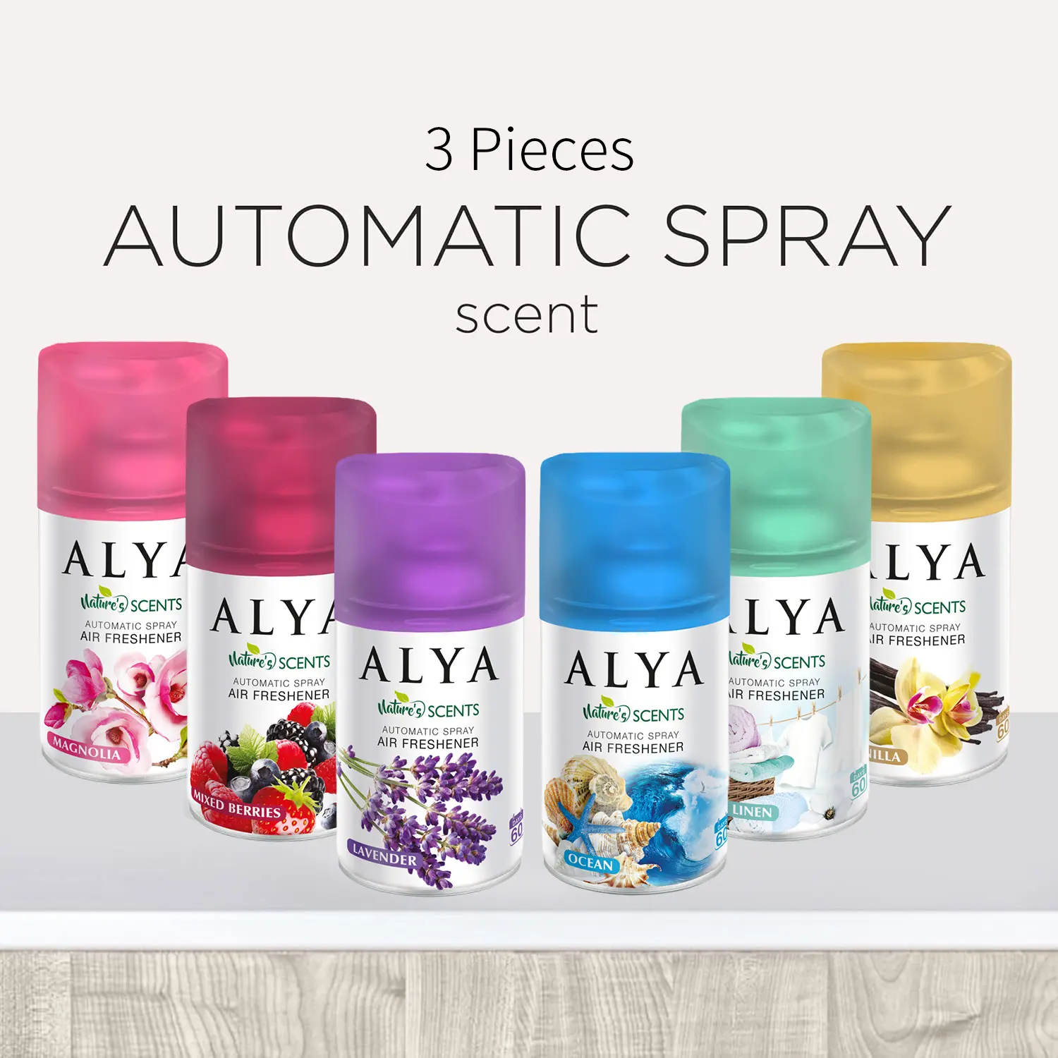 3pcs (250 ml each) Automatic Spray Air Freshener Refill, 6 scents - Lavender, cool linen, mangnolia, Magnolia, ocean And vanilla,Multi-Purpose Odor-Fighting Room Spray, Ideal For Car, Office, Home, Bathroom And Kitchen, Fabric, Closet Fresh Scent