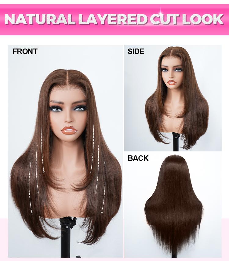 CurlyMe Layered Cut Straight Hair Wear Go Glueless Wig 7x5 Pre-cut Lace Pre-plucked-Natural Black & Mocha Mousse Color