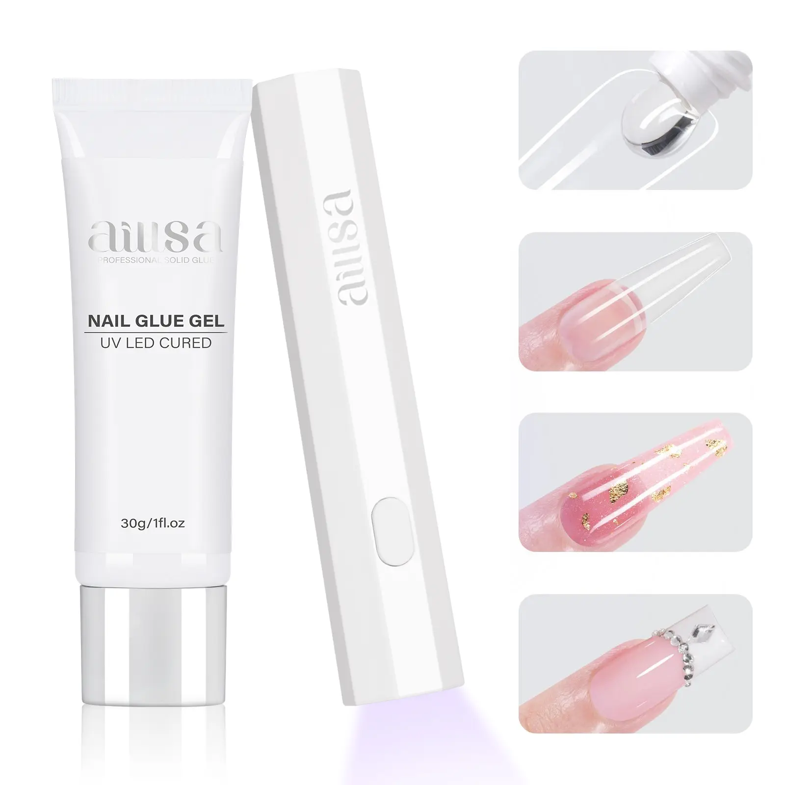 AILLSA Glamhold Solid Nail Glue Set, Handheld UV Lamp for Press On Nails, Clear Nail Tips and gel x nail glue Long-Lasting Strong Adhesion Solid Gel DIY Fall Nail Art Home, UV Light Cured Needed DealsForYouDays