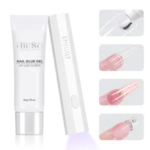 Aillsa Glamhold Solid Nail Glue Set, Handheld UV Lamp for Press On Nails, Clear Nail Tips and gel x nail glue Long-Lasting Strong Adhesion Solid Gel DIY Fall Nail Art Home, UV Light Cured Needed