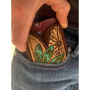 Front Pocket Hand Tooled Leather Wallet with a Turquoise Sun and Flower