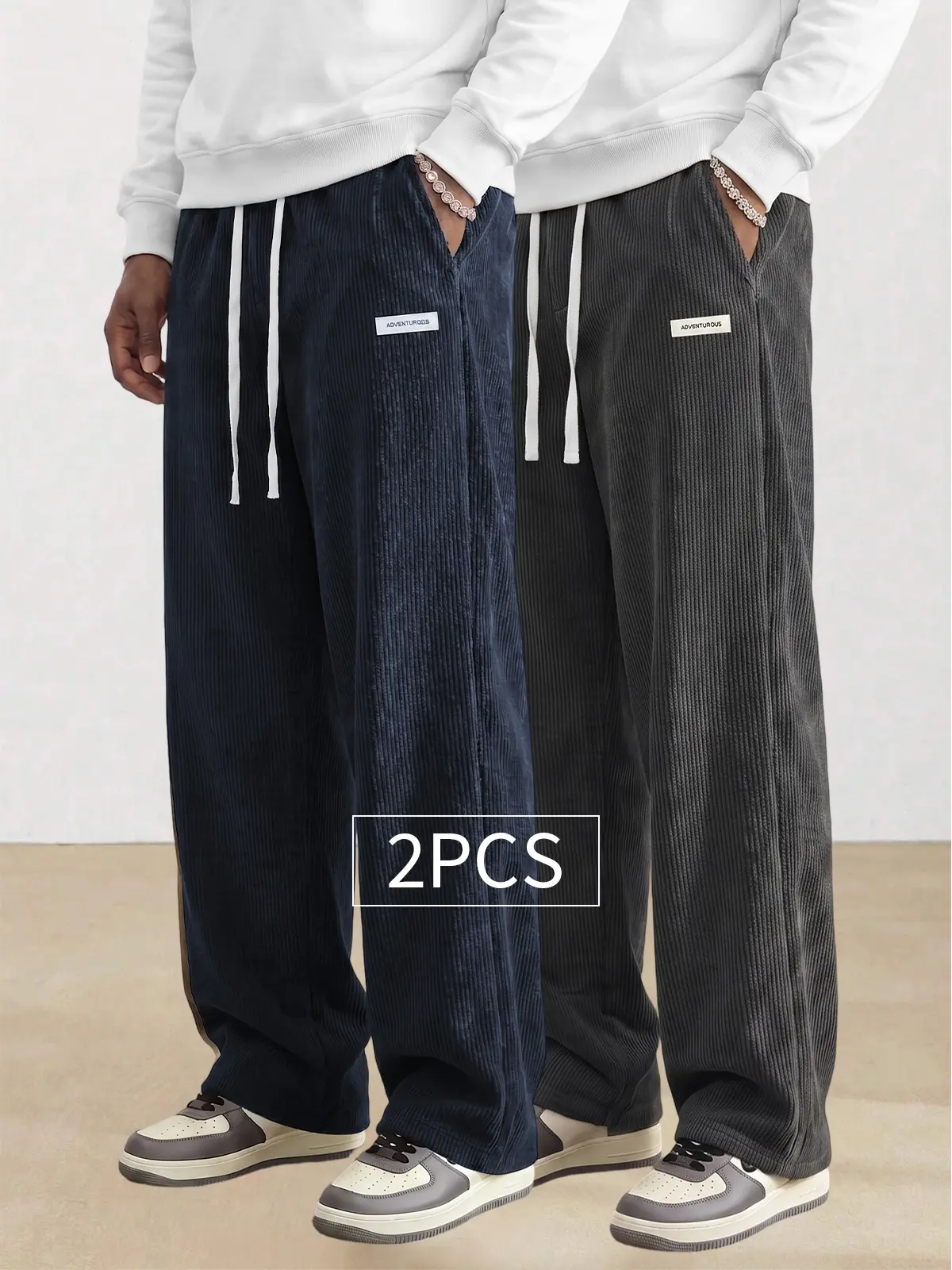 2-pack men’s pants: men’s long pants, men’s casual long pants, men’s corduroy straight-leg pants.Elastic waistband with drawstring—doesn’t squeeze; loose fit that suits various body types.Available in multiple colors; solid-color, simple, and versatile—su