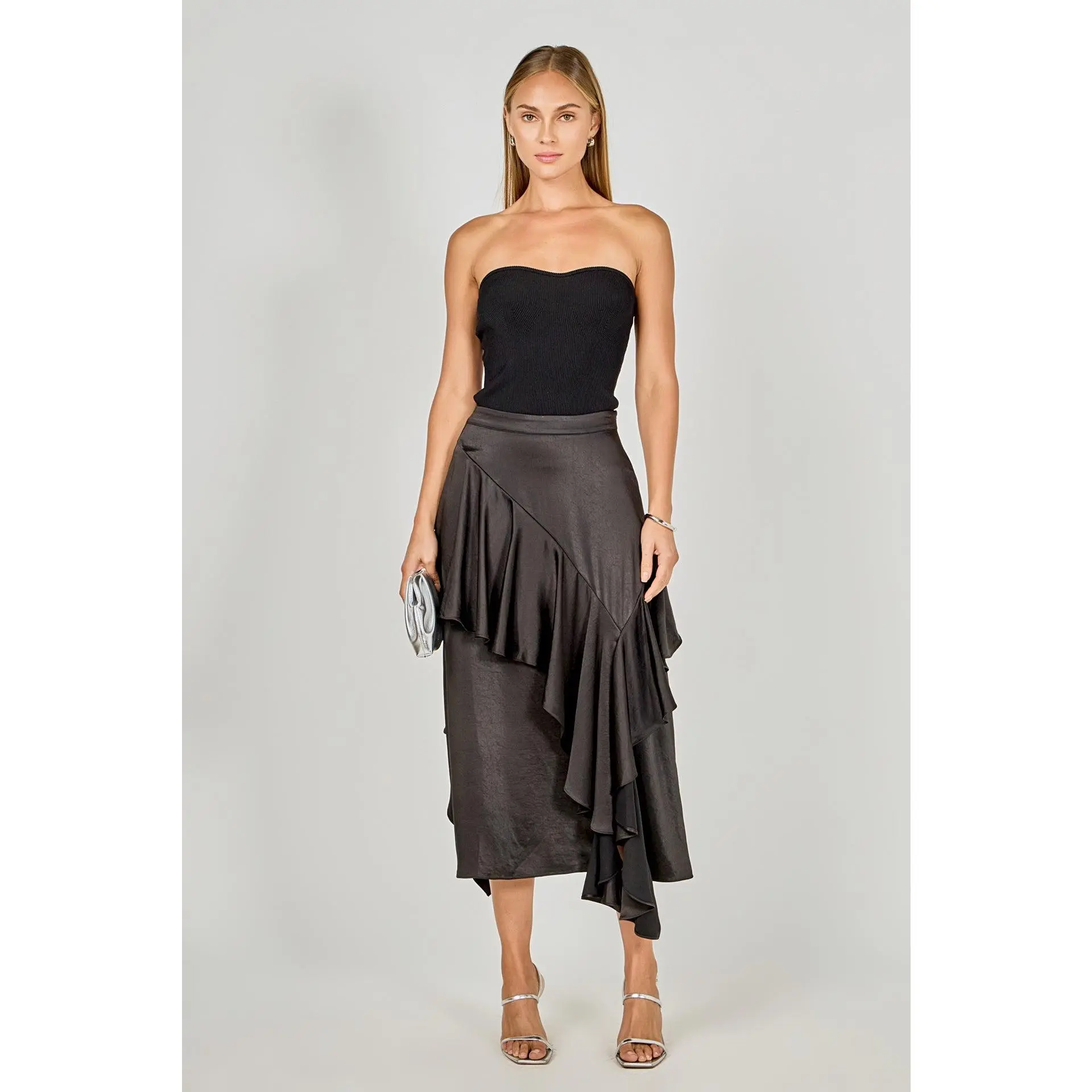 Satin Waterfall Midi Skirt