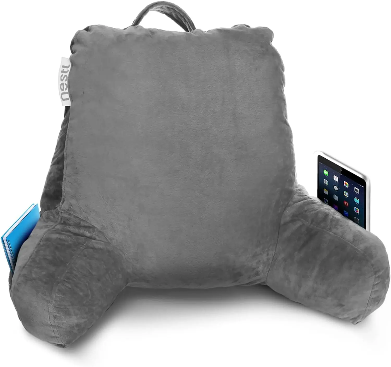 NESTL Antiflip Reading Pillow with Arms - Soft Memory Foam Backrest Pillow for Bed Sitting, Shredded Fill, Plush Cover, Built-In Pockets, Convenient Handle, Antiflip Reading Pillows