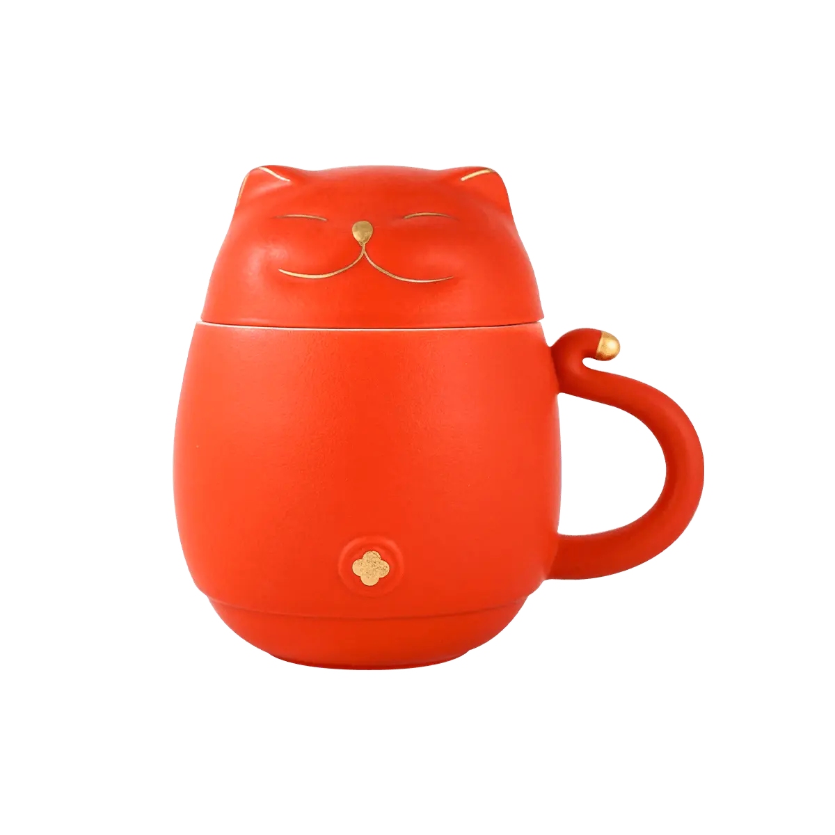 Japanese Lucky Cat Mug with Infuser and Lid - Red Maneki Neko Ceramic Tea Cup 4.5" H x 4.75" W