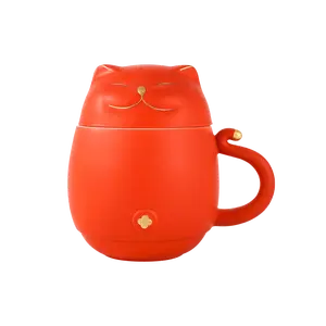 Japanese Lucky Cat Mug with Infuser and Lid - Red Maneki Neko Ceramic Tea Cup 4.5" H x 4.75" W