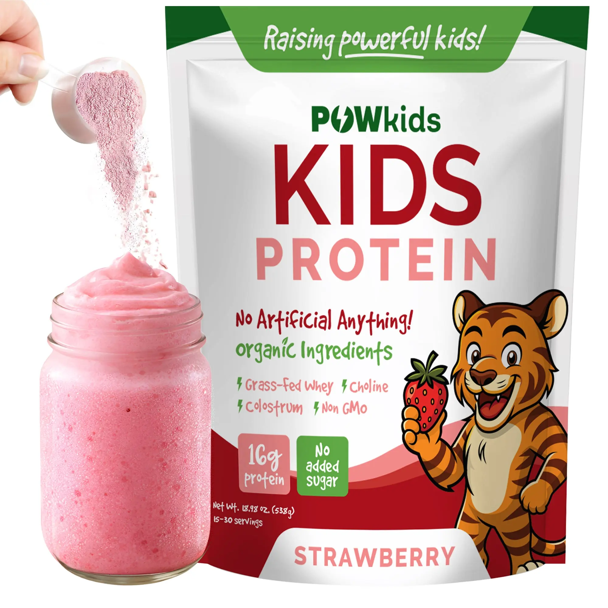 POWkids Kids Protein Powder | Strawberry Flavor | Grass-Fed Whey Protein Drink Mix for Kids | 16 g Protein | No Added Sugar