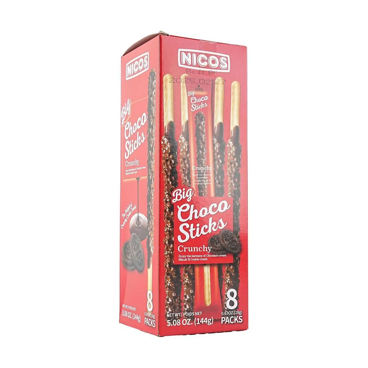NICOS Korean Crispy Chocolate Sticks Original Flavor - 8 Snack Packs (144g) - Crunchy Chocolate Wafer Rolls for Kids & Adults