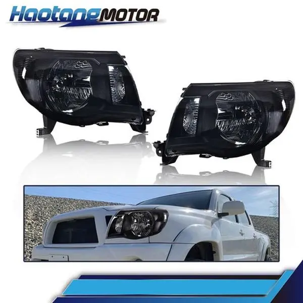 CROSSDESIGN Smoked Lens Shock-Resistant Plastic Shell Projector Headlight Set, 1 Pair Left-Right Aftermarket for 2005-2011 Toyota Tacoma, H4 Size, 4157A High Beam & Turn Fit Bumper Lights, Bulbs Sold Sep., As the Picture