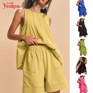 Yeokou Women's 2 Piece Outfits Sleeveless Matching Sets A Line Tank Tops Contrast Stitching High Waist Shorts with Pockets
