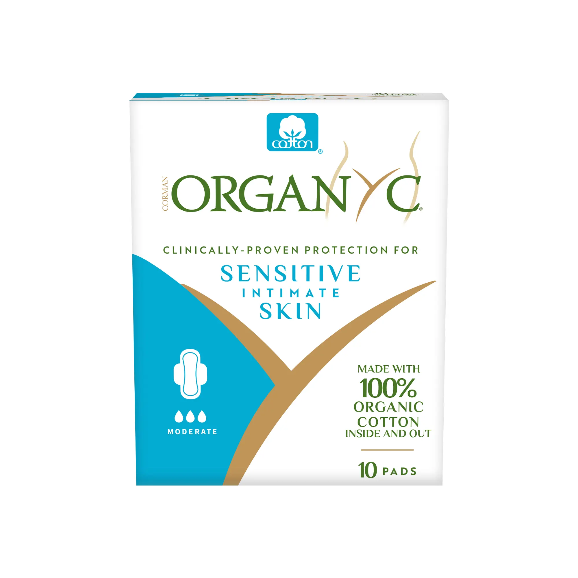 Organyc Hypoallergenic 100% Certified Organic Cotton Feminine Pads for Women's Sensitive Skin, Moderate Flow, 10 Count