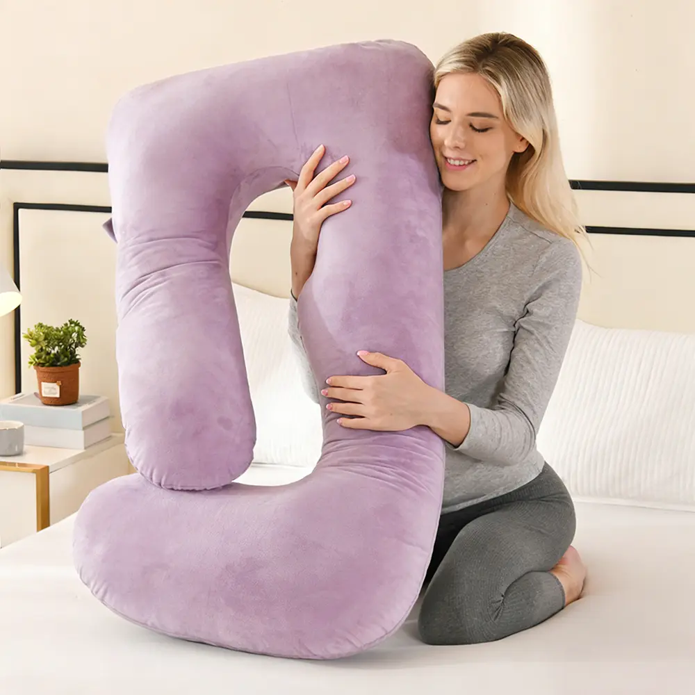 41-in J-Shaped Pregnancy Body Pillow, Soft Velvet Fabric, Full-Body Support, Breathable Multipurpose Maternity Pillow with Removable Machine-Washable Pillowcase, All-Season Use, Pregnancy Pillow