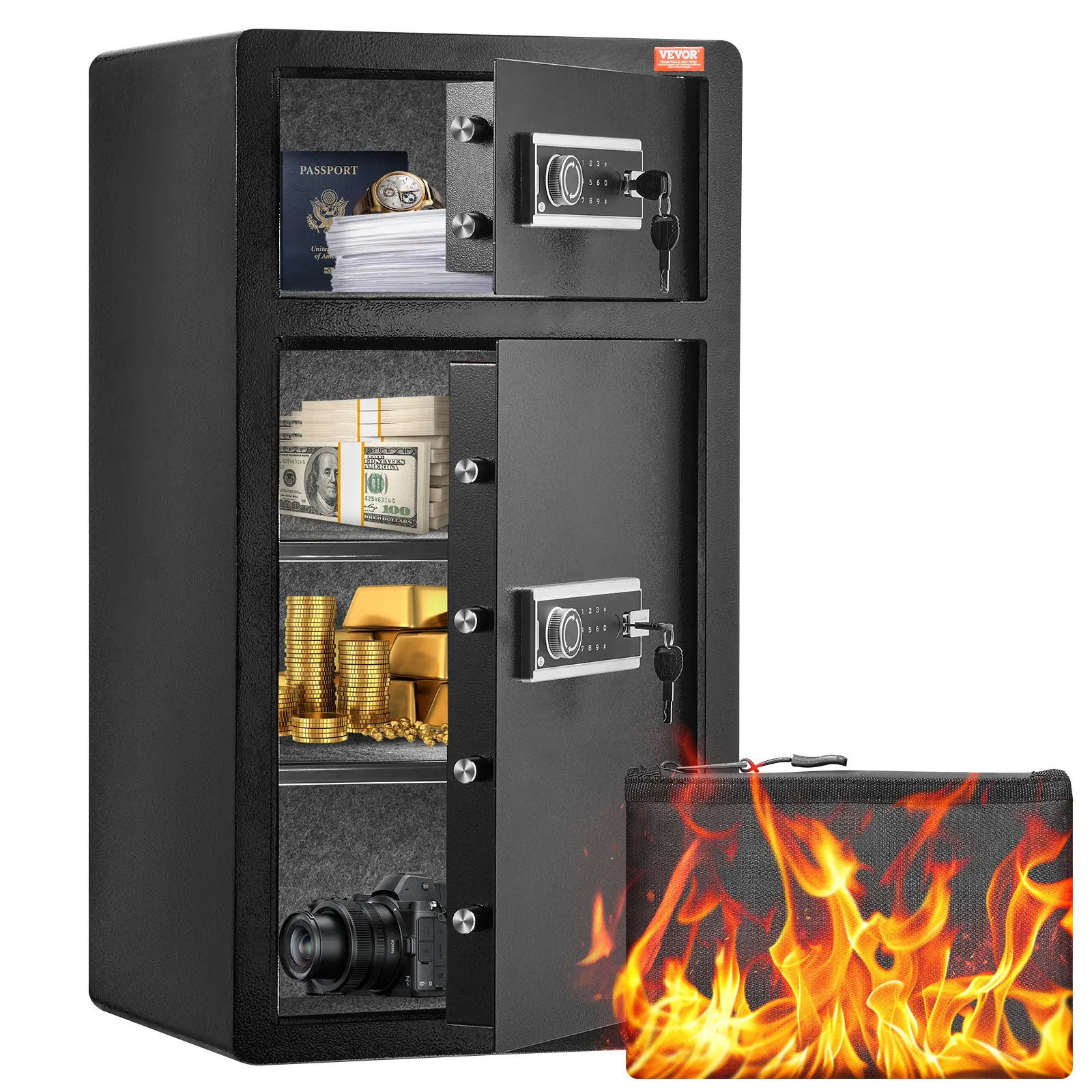 【Summerfinds】VEVOR 7.2 cu.ft Double-Door Home Security Safe - Anti-Theft Safe Storage with Key LockPasswordFireproof BagKey RackLED Light2 Height-Adjustable Removable Dividers for ValuablesBlackAnti Theft Safes