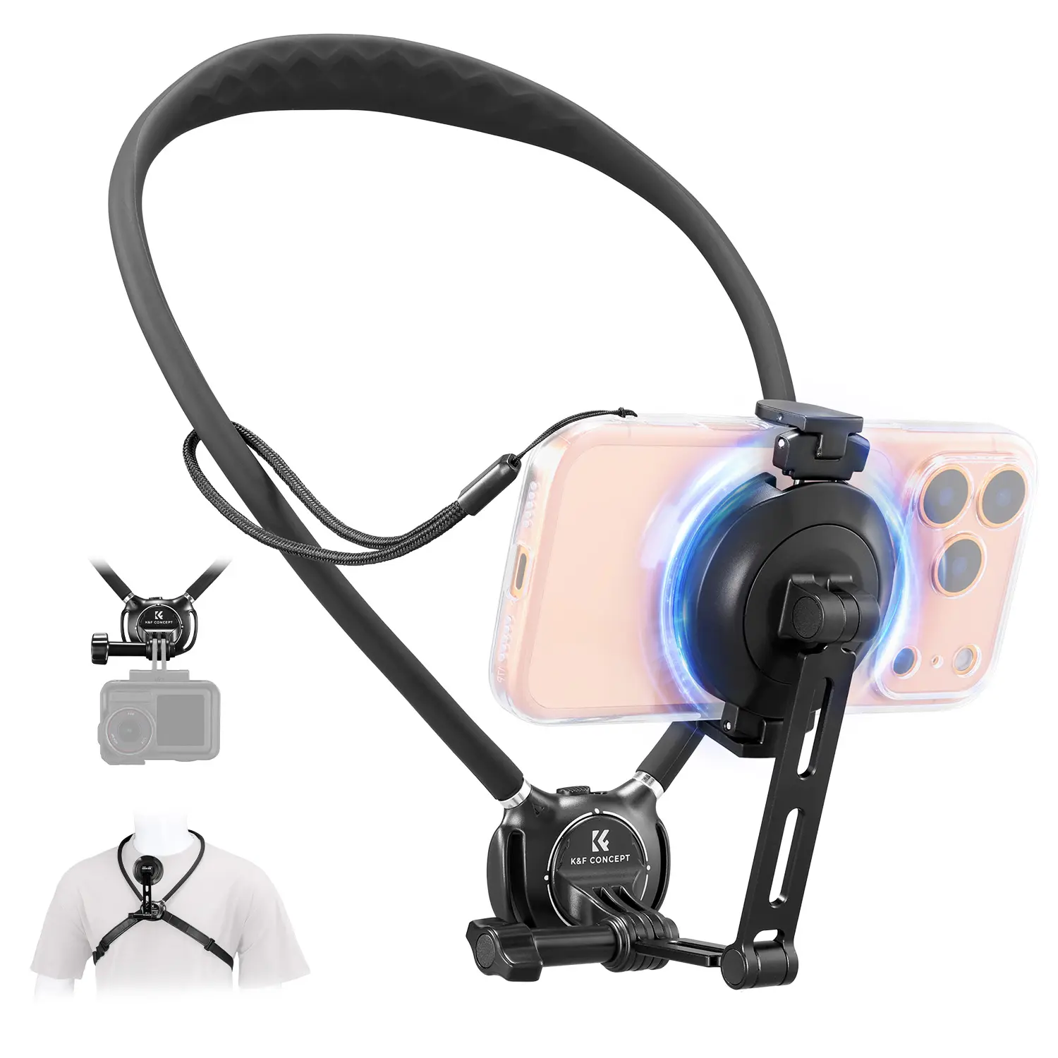K&F CONCEPT 66cm Neck Phone Holder KF15.0016 - Double Secure (Magnetic+Clip) Anti-Fall Design, Skin-Friendly Silicone for All-Day Wear, 90° Rotation for Portrait/Landscape, Compatible with iPhone 17-12 & Android Phones (Comes with Anti-Lost Lanyard), Acce