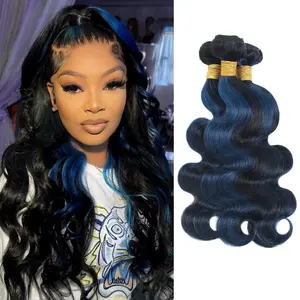 ALHER Black Mix Midnight Blue Highlight Bundle Human Hair Body Wave Soft Thick 3 Bundles Wavy Human Hair 100% Remy Hair Balayage Two Tone Subtle Colored Double Weft