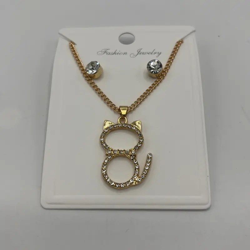 Gold-Tone Cat Necklace and Stud Earring Set