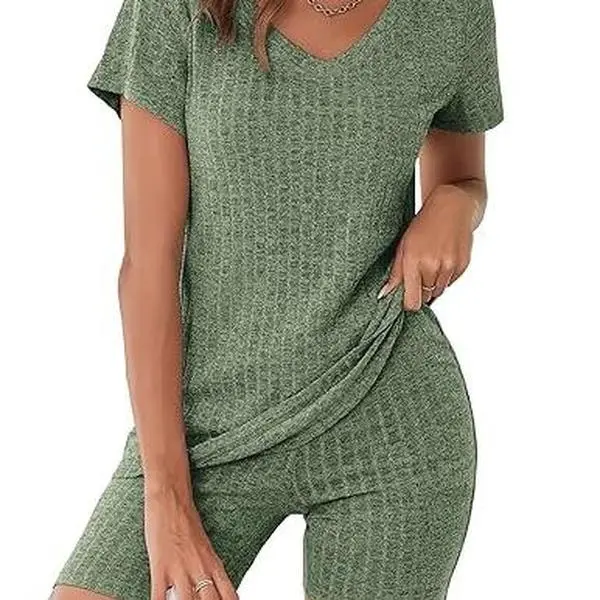 Ekouaer Women's Maternity Apparel 2-Piece Ribbed Lounge Set - V-Neck Top with V-Neck Cut & Sexy Look, Stretchy Breathable Knit Biker Shorts, Mix & Match Pregnancy Activewear