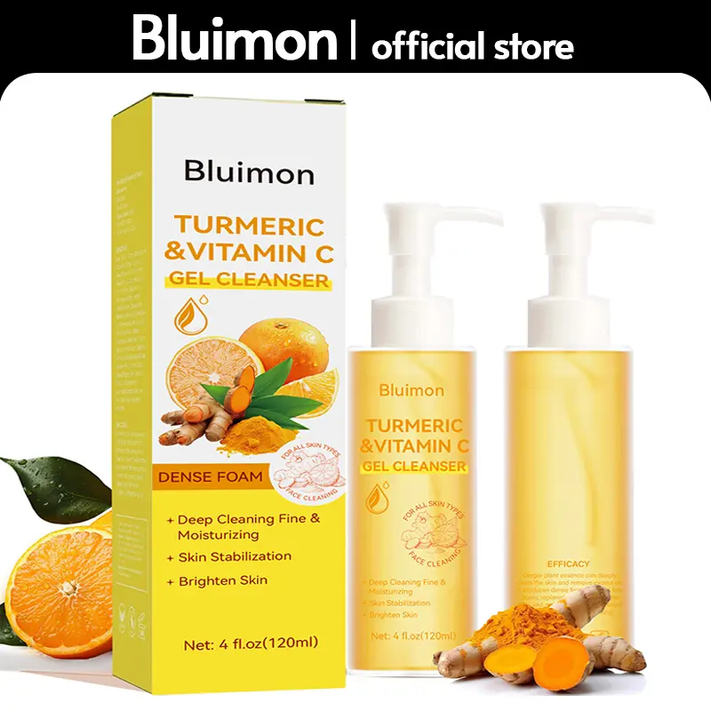 Bluimon Turmeric & Vitamin C Foam Gel Cleanser with Lemon - Natural Anti-Aging Exfoliating Hydrating Face Care Product for All Skin Types - Deep Cleansing, Firming Pores, Clogs Pores Less - 4 fl oz, Pore Firming