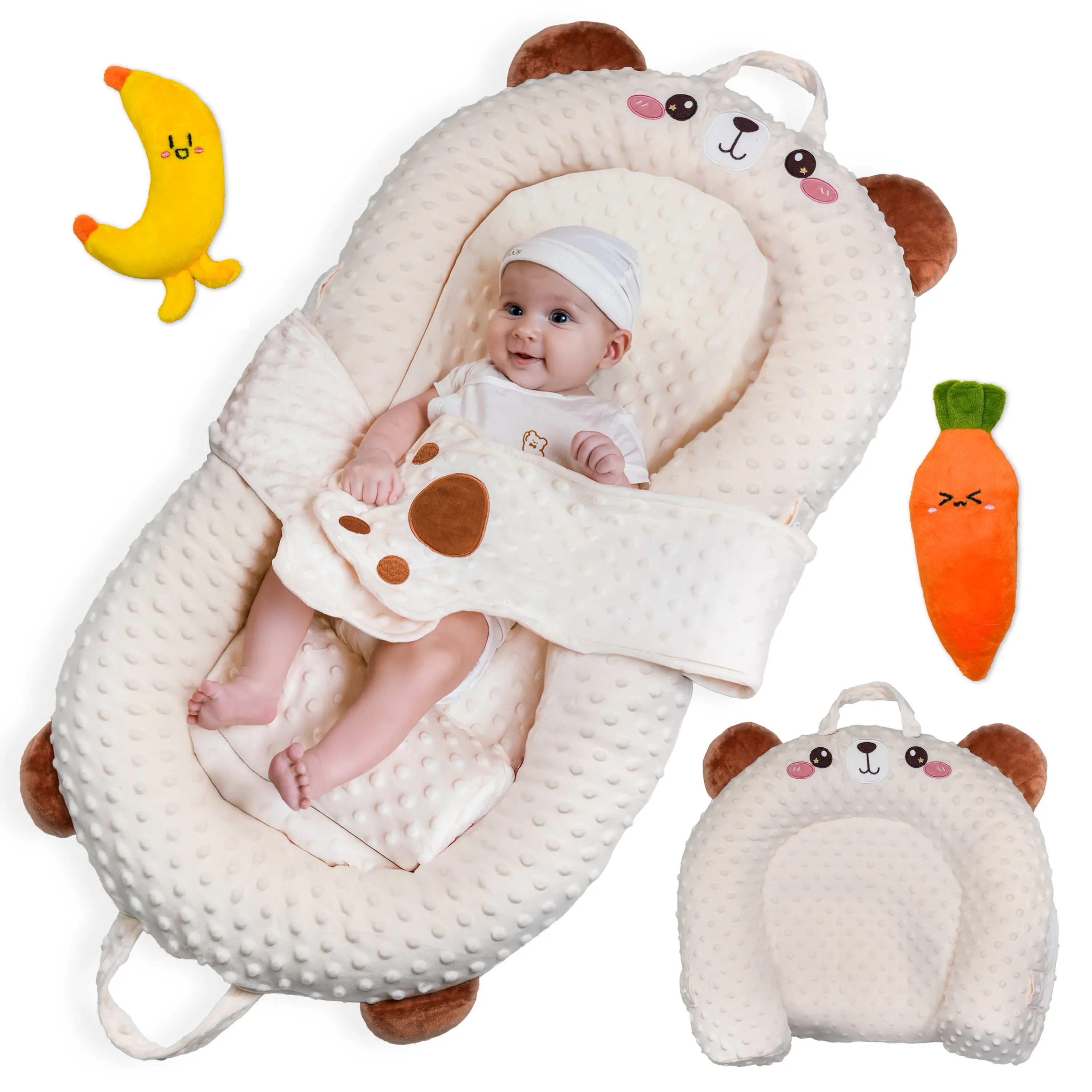 HOMEBOO Baby Lounger, Premium Velvet & Sponge Newborn Nest, Double Sided Portable Mat for Tummy Time & Feeding Support with Toys, Polyester, Pillows, Mats