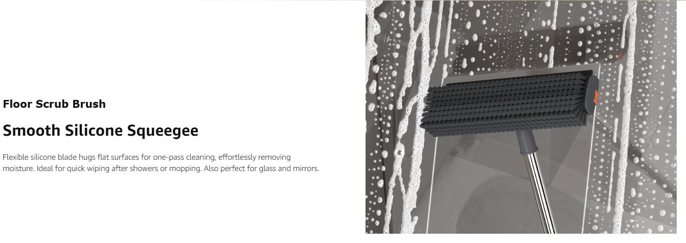 Multifunctional 3 in 1 Scrub Brush with Long Handle & Squeegee Shower Floor Cleaning Broom for Tile Deck Patio Wall Grey 180° Stiff Bristle Brush Full Rotation Smooth Silicone Squeegee Adjustable Extended Handle