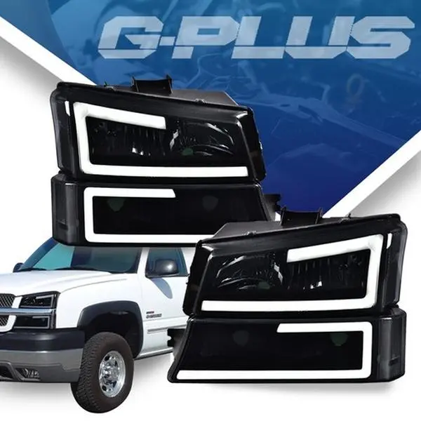 G-PLUS Headlights for 2003-2007 Chevy Silverado Headlights Bumper Headlamps faro LED DRL Smoked Lens Black Housing Headlights