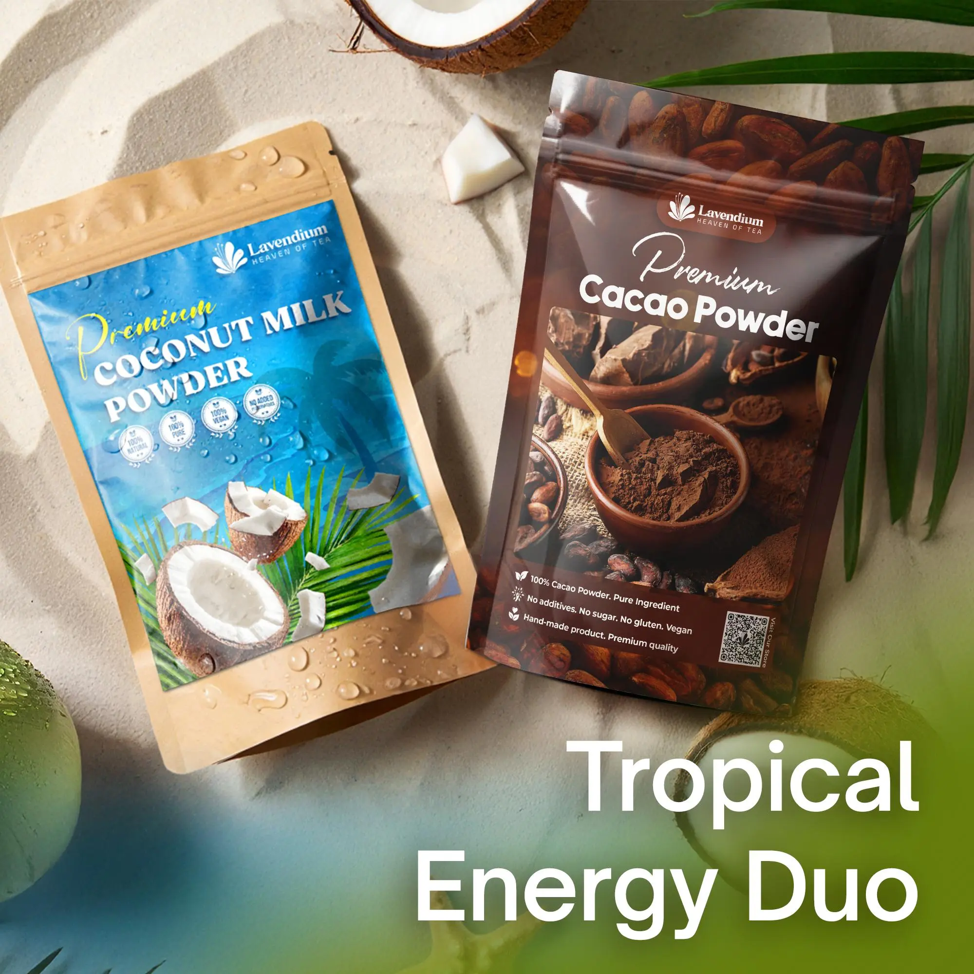Sin Azúcar - Puro Combo Energía Tropical  Cocoa Puro + Coco Orgánico. Sin azúcar, vegano, sin OGM y sin gluten. Ideal para licuados, café, smoothies y tu rutina diaria de energía natural.