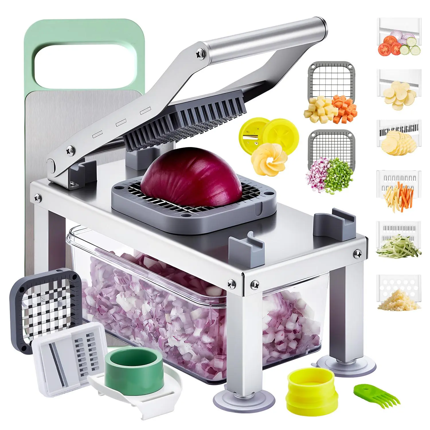 【Summerfinds】VEVOR Sturdy All-in-1 Food Prep Utensils, Fruit Vegetable Chopper Mandoline Slicer with 9 Stainless Steel Blades, Cheese Grater, Onion Potato Dicer & Container, Salad Spiralizer Kitchen Essentials