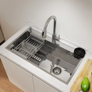 All-in-One 304 Stainless Steel Kitchen Sink Gunmetal Grey Nano Coating Soundproof Anti-Fouling Complete Set with Drainage & Cleaning Rack Ideal for Dishes & Vegetables HomeKitchen UndermountSink