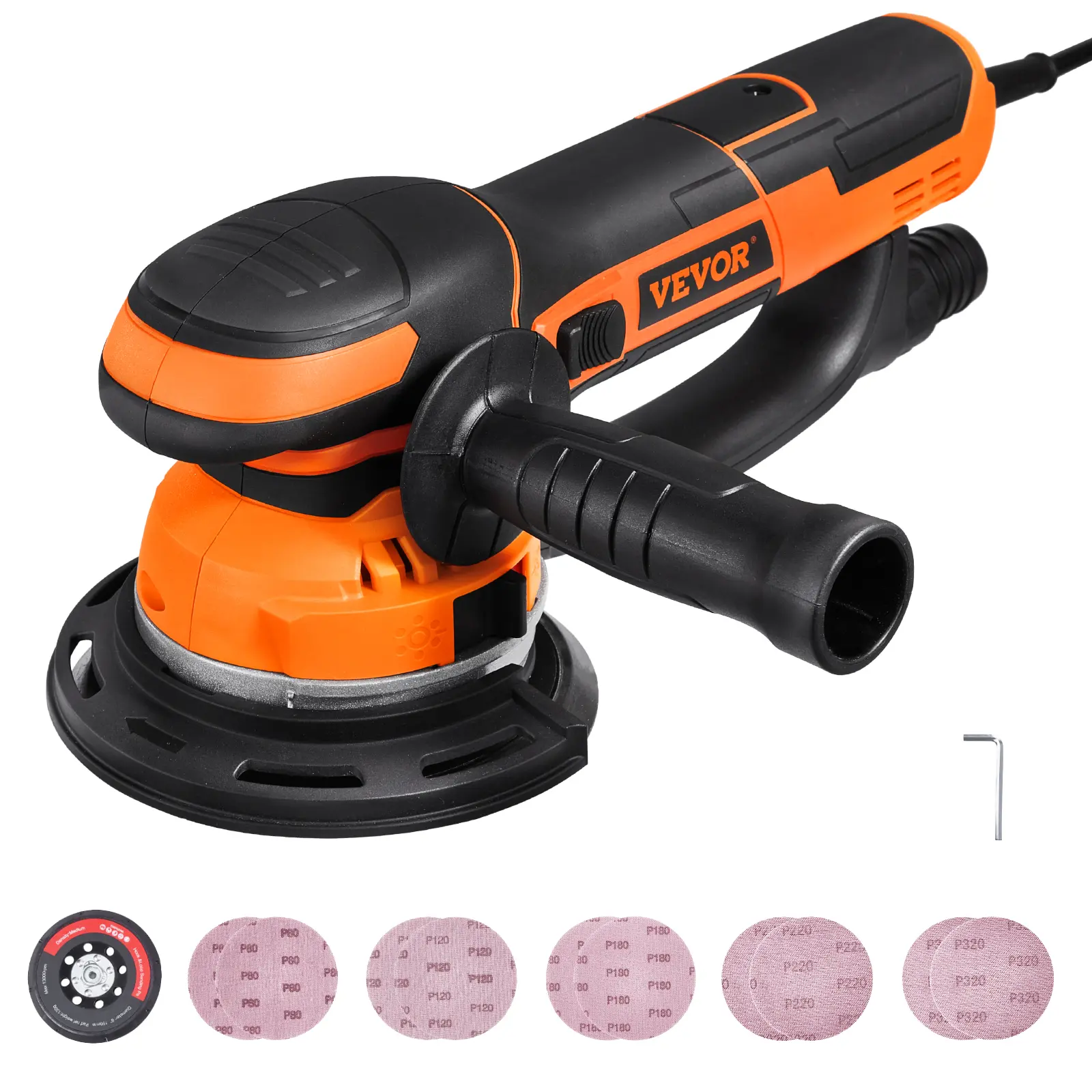 【Summerfinds】VEVOR 6-Inch Portable Dual-Action Orbital Palm Sander Power Tool, 850W 7400 RPM 6-Speed Precision Control Electric Tool, 10 Sandpapers, Dust Connector, Multi-Materials Surface Prep for Woodworking Detailing