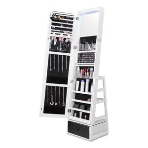 【FathersDayGift】VEVOR Mirror Jewelry Cabinet,  , 360° Swivel Standing Mirror with Storage, Lockable Jewelry Mirror Organizer with Full Length Mirror, Velvet Lining, LED Light, Drawer, Freestanding Jewelry Armoire, White
