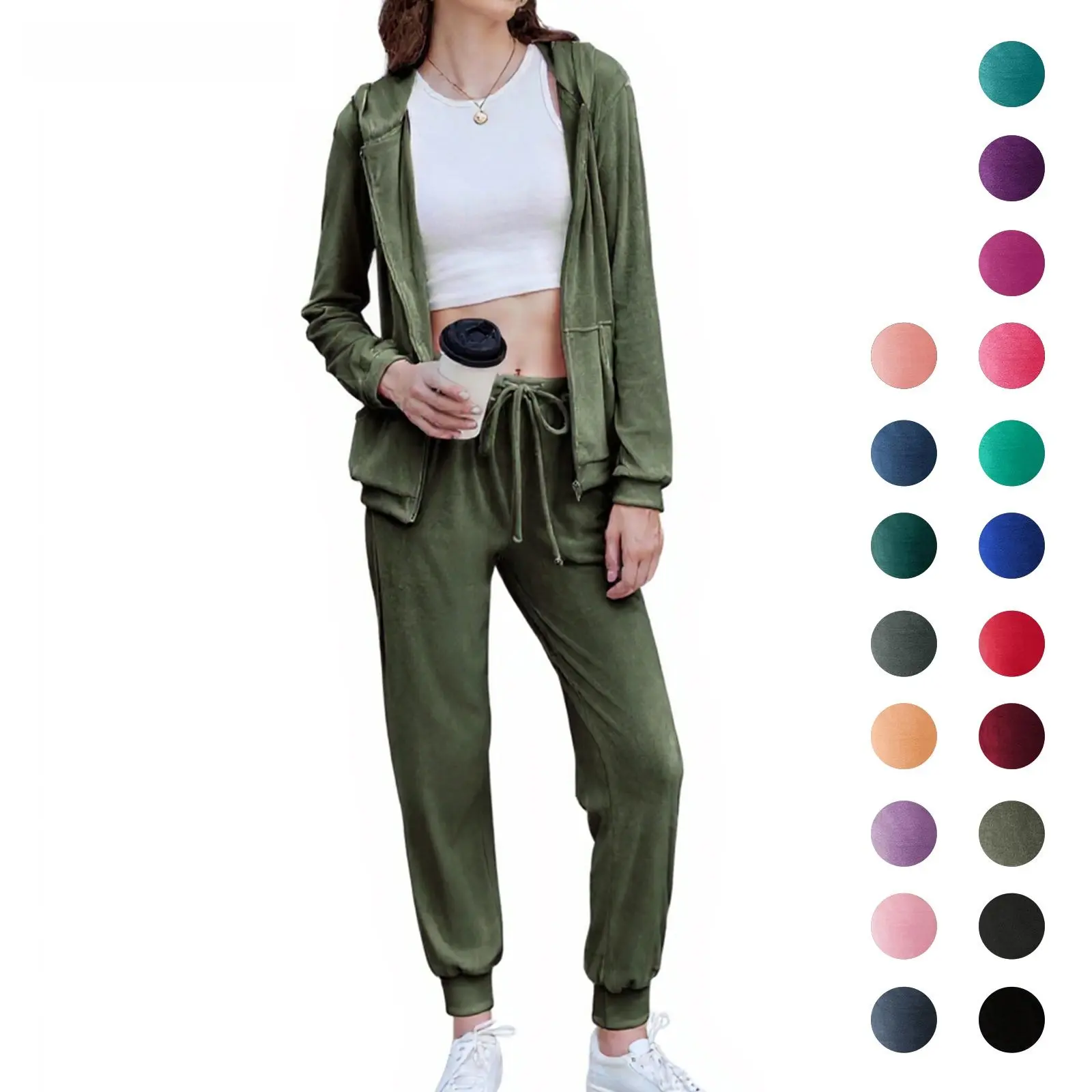 Women's Casual Velour Tracksuit Set Lightweight Full Zipper Hoodie & Workout Pants Velvet Sweatsuit Jogging Suits XS-XXL