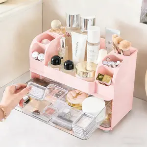 makeup home organizer for Vanity with 2 Large clear Drawers, Cosmetic rack Display Case with slot Brush beauty Holders,  for Bathroom Skincare, Desk Office Supplies, Pink Boxes Gift, jewelry space-saving organizer multipurpose perfume storage compartment