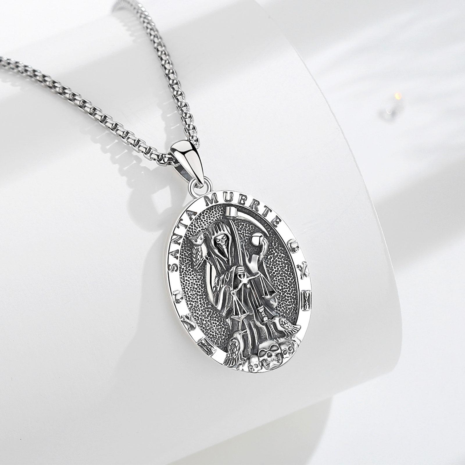 Eudora S925 Sliver Santa Muerte Necklace, Silver Grim Reaper Pendant, Mexican Saint Medallion, Memento Mori Amulet, Protective Sigils Jewelry Eudora S925 Sliver Santa Muerte Necklace, Silver Grim Reaper Pendant, Mexican Saint Medallion, Memento Mori Amulet, Protective Sigils Jewelry